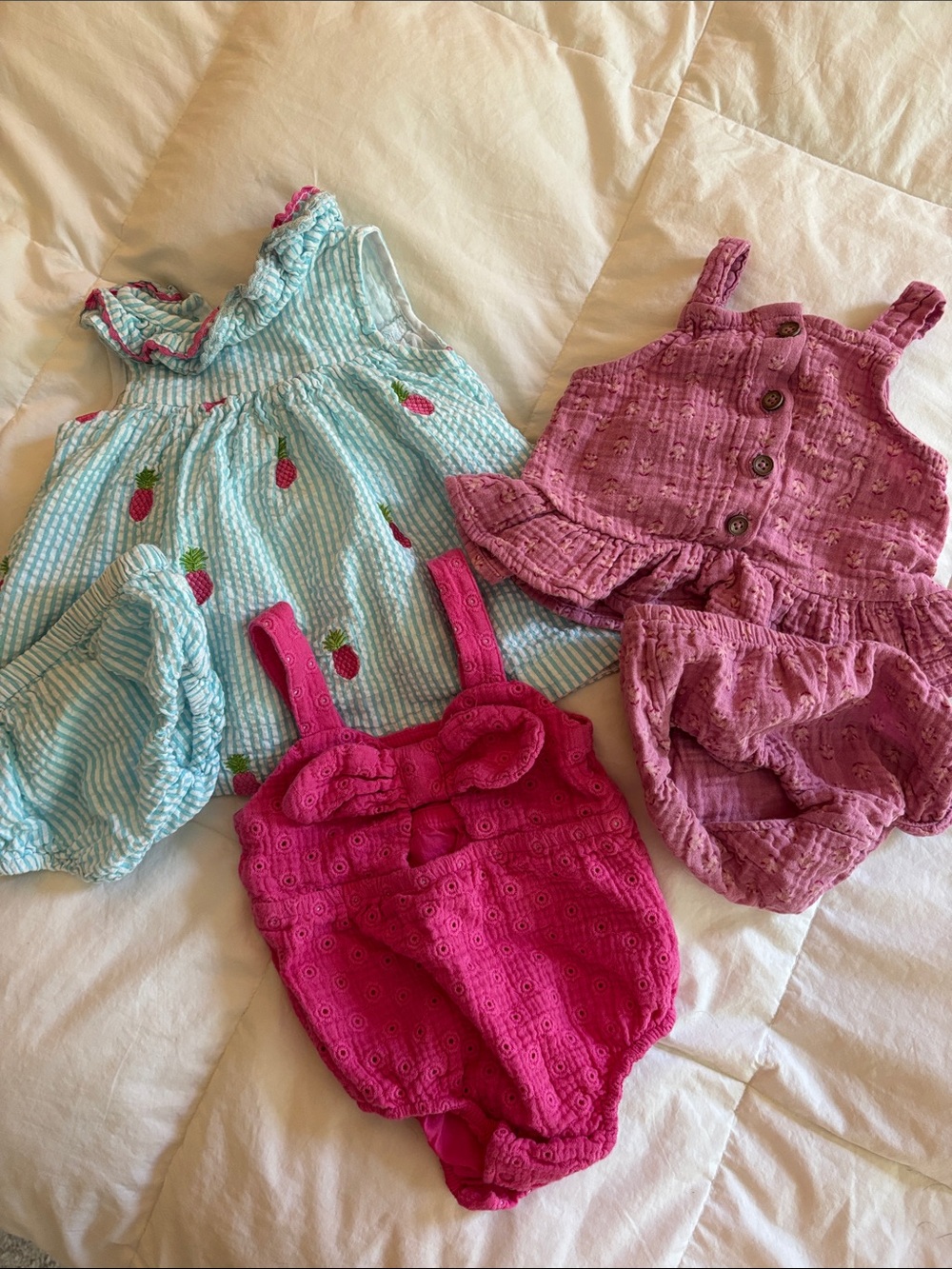 Girls 3-Pack Matching Romper Set - Aqua Strawberry, Hot Pink & Mauve